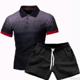 Spring Autumn Men's Gradient 3D Printed Polo T-Shirt Turndown Collar Slim Fit Polo Shirt Suit