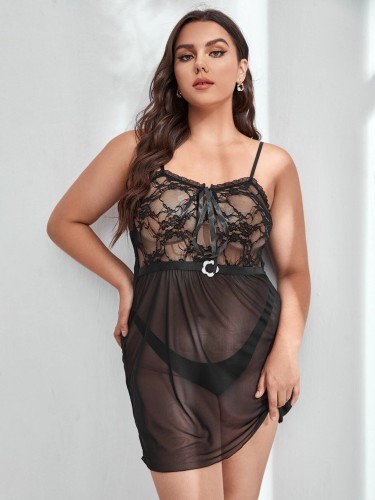 Femmes Plus Size Sexy See Through Lace Mesh Patchwork Babydoll Lingerie Set