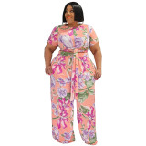 Sexy style trendy print lace-up ladies plus size two piece set