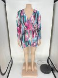 Sexy Printed V-Neck Plus Size Dress Without Belt
