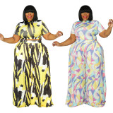 Plus Size Women Printed Top And Wide Leg Pant Casual Two Piece Set