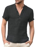 Summer Men Linen Short-Sleeved Stand Collar Buttoned Half-Open Shirt