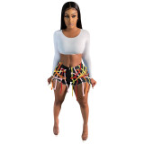 Shorts de mezclilla con lavado elástico y vendaje con cordones para mujer