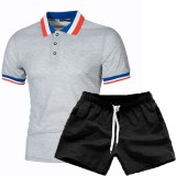 Men Summer Patchwork Turndown Collar Short Sleeve T-Shirt And Shorts Set