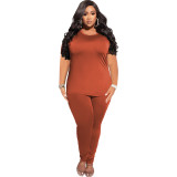 Plus Size Women Solid Casual Top And Pant Two Piece Set