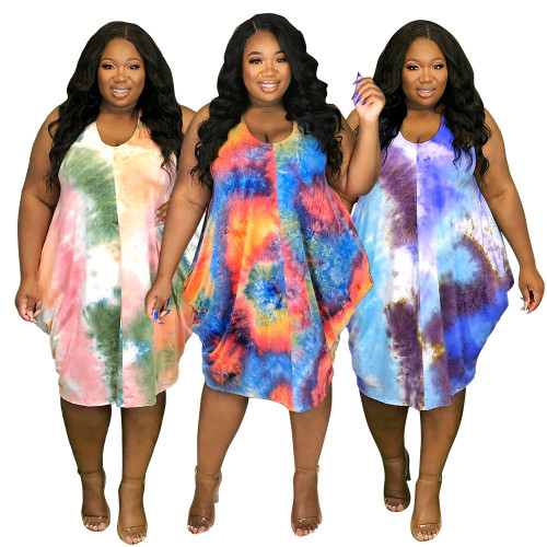 Women Casual Sleeveless Tie Dye Print Midi Dress