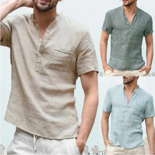 Camisa semiabierta abotonada con cuello alto y manga corta de lino para hombre de verano