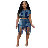 Plus Size Women Casual Print Top And Fringe Shorts Two Piece Set