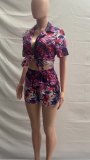 Women Summer Print Lace-Up Short Sleeve Top And Shorts Two Piece