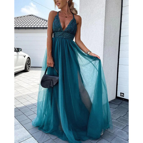 Women Deep V Backless Halter Lace Side High Slit Maxi Dress