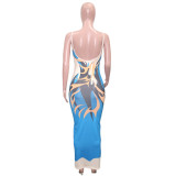 Women Sexy Straps Print Cutout Long Dress