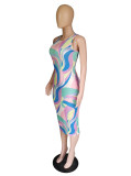 Women Summer Multi-Color Pirnt Sleeveless Midi Dress