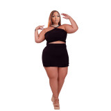 Plus Size Women Fashion Sexy Solid Top And Culottes Two-Piece