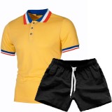 Men Summer Patchwork Turndown Collar Short Sleeve T-Shirt And Shorts Set