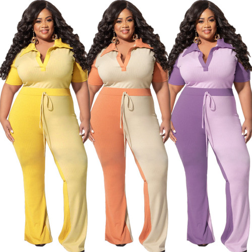 Plus Size Damen Colorbloc geripptes Top und Hose mit Umlegekragen, zweiteiliges Set