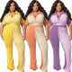 Plus Size Women Colorbloc Ribbed Turndown Collar Top And Pant Two Piece Set