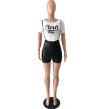 Women Short Sleeve Printed T-Shirt And Stretch Pu Leather Suspender Jumpsuit Two Piece Set