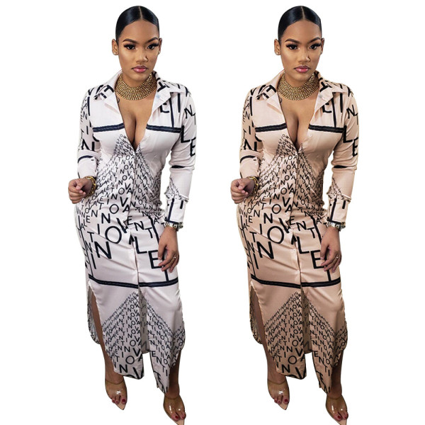 Women Letter Irregular Print Turndown Collar Long Sleeve Maxi Dress