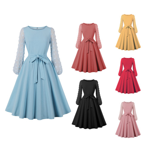 Dames Vintage effen met riem Elegante jurk met lange mouwen