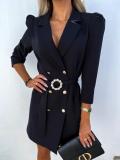 Elegant Solid Color Fashion Long Sleeve Blazer Dress with Belt