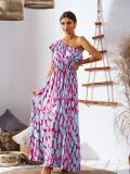 Women's Summer Slim Waist Off Shoulder Print Long Dress