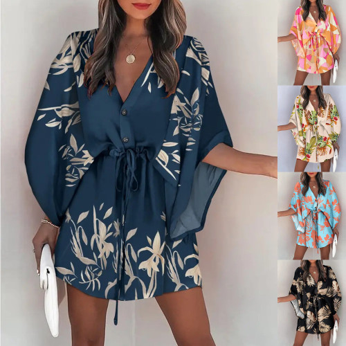 Sommer Sexy Schulterfrei Mode V-Ausschnitt Print Figurbetontes Kleid