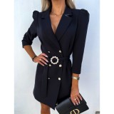 Elegant Solid Color Fashion Long Sleeve Blazer Dress with Belt