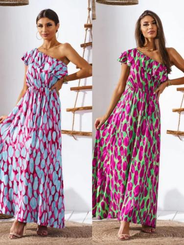 Women's Summer Slim Waist Off Shoulder Print Long Dress