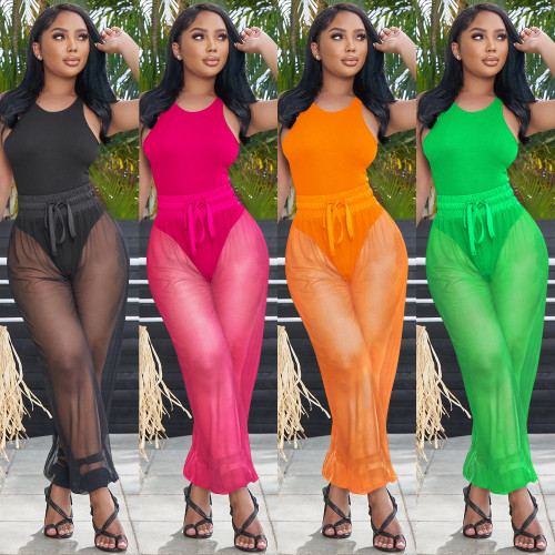 Moda Kadın Düz Renk Kolsuz Üst Seksi Gevşek Örgü Transparan Pantolon İki Parçalı Kadın Giyim