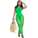 Fashion Women's Solid Color Tank Top Sexy Loose Mesh See-Through Trousers Two Piece Women's Clothing
