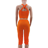 Women's Sexy Camisole V-Neck Solid Color Cropped Pants Set