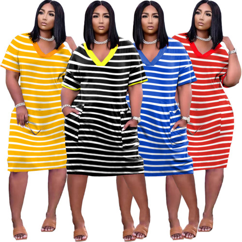Women's Fashion Sexy Loose Striped Print V-Neck Casual Dress with Pockets
