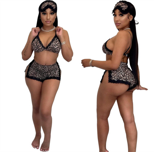 Moda seksi kadın leopar desenli dantel kenar üç parçalı set