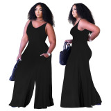 Spring and summer women's solid color vest upper body wide leg Jumpsuit nightclub two pockets