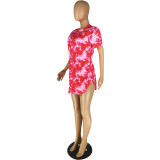 Women's Mini Dress Printed Short Sleeve Side Slit Skirt