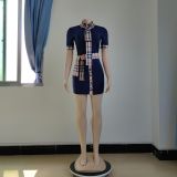 Women's Summer Solid Turndown Collar Casual Plaid Short Sleeve Shirt Dress