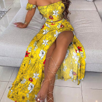 Women  Summer  Printed Top And Slit Dress Two-Piece Set