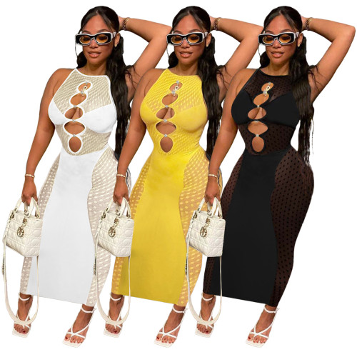 Femmes Sexy See-Through Mesh Patchwork évider longue robe moulante