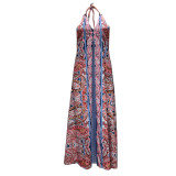 Women Summer Printed Halter  V-Neck Bohemian Long Dress