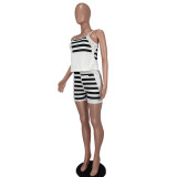 Women Striped Print Fashion Crop Top And Shorts Two-Piece Set