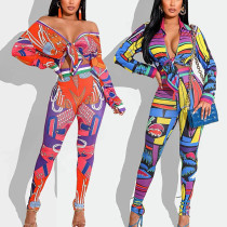 Women Sexy Print Long Sleeve Shirt And Pant Two Piece Set