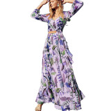 Summer Women Sexy V-Neck  Top Andruffles Skirt Printed Two Piece Set