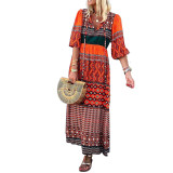 Women Fashionable V-Neck Half-Sleeve Bohemian Loose Print Dress