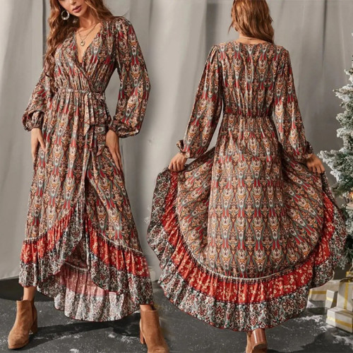 Women Retro Slim Lace Bohemian Print Long Dress