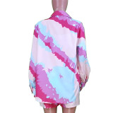 Women Spring/Summer Casual Multi-Color Tie-Dye Print Top And Shorts Shirt Three Piece Set
