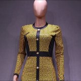 Women Chic Retro Print Long Lseeve Bodycon Dress