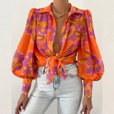Women Summer Sexy Loose Bubble Sleeve Printed Shirt Top