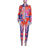 Women Sexy Print Long Sleeve Shirt And Pant Two Piece Set