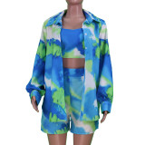 Women Spring/Summer Casual Multi-Color Tie-Dye Print Top And Shorts Shirt Three Piece Set