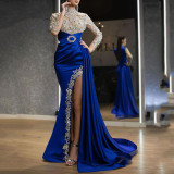 Women Shiny Round Neck  Lace Pachwork Blue Slit Evening Dress
